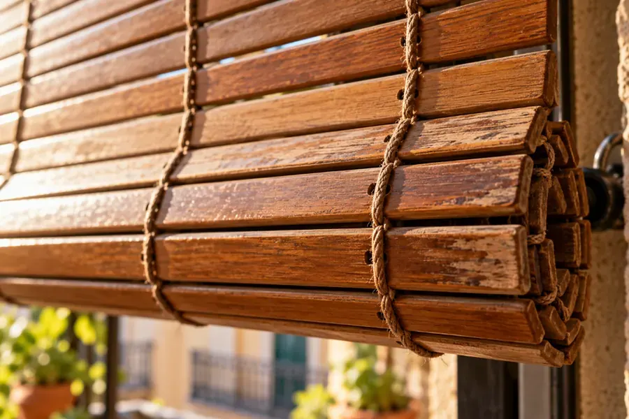 Detalle de tablillas de madera de una alicantina unidas con cordón